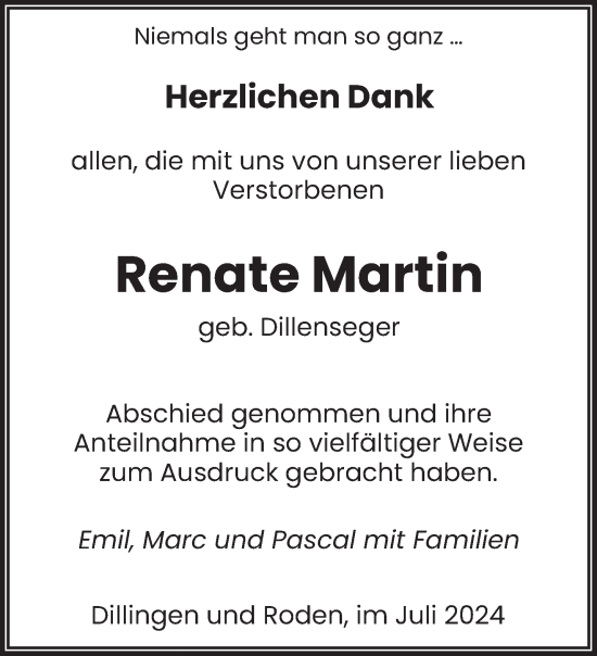 Traueranzeige von Renate Martin von saarbruecker_zeitung