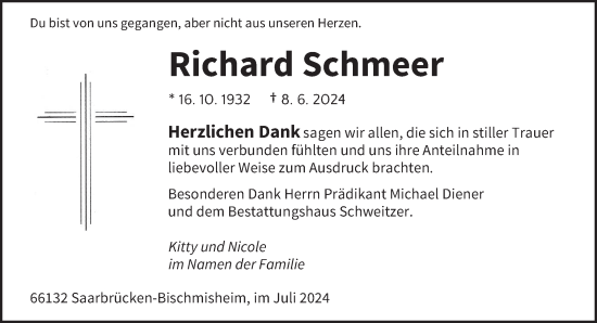 Traueranzeige von Richard Schmeer von saarbruecker_zeitung