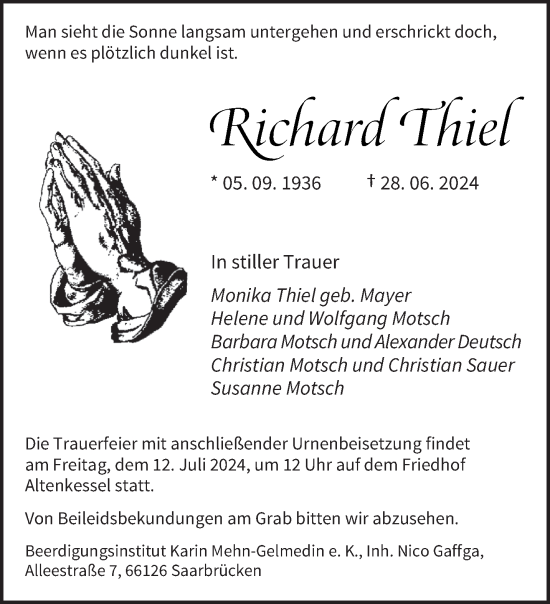 Traueranzeige von Richard Thiel von saarbruecker_zeitung