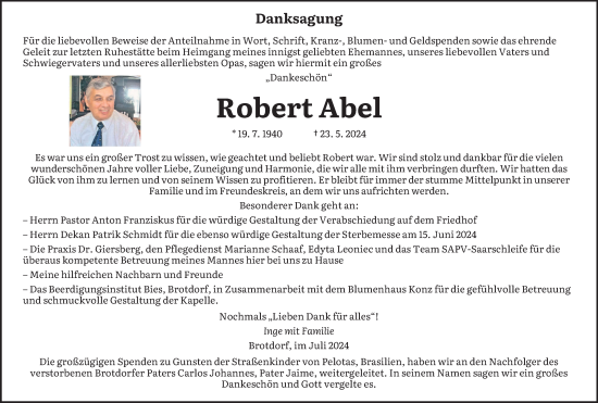 Traueranzeige von Robert Abel von saarbruecker_zeitung