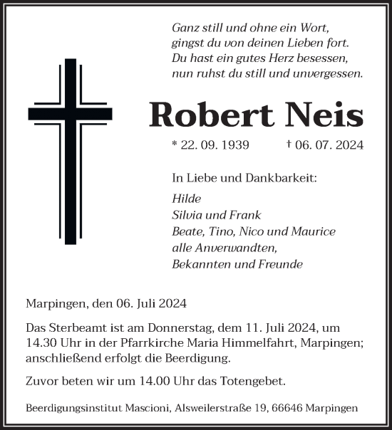 Traueranzeige von Robert Neis von saarbruecker_zeitung