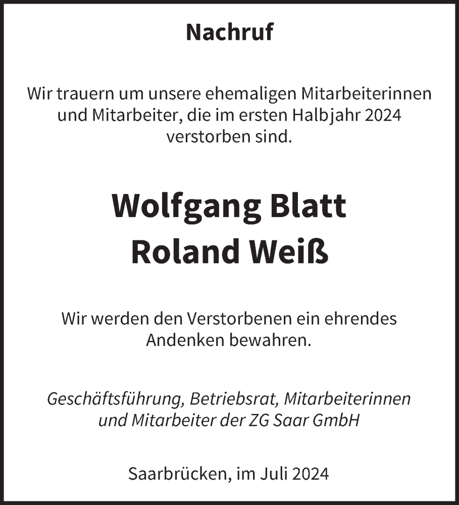  Traueranzeige für Roland und Wolfgang Weiß und Blatt vom 20.07.2024 aus saarbruecker_zeitung