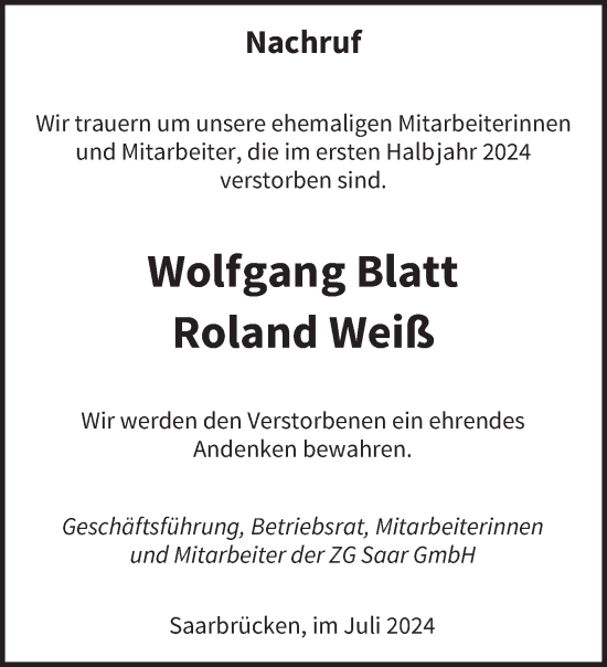 Traueranzeige von Roland und Wolfgang Weiß und Blatt von saarbruecker_zeitung