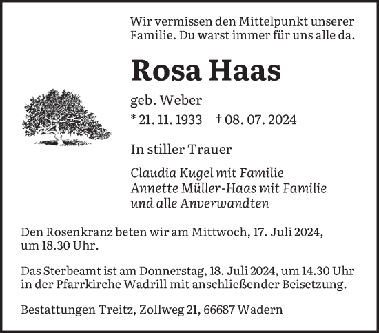 Traueranzeige von Rosa Haas von saarbruecker_zeitung