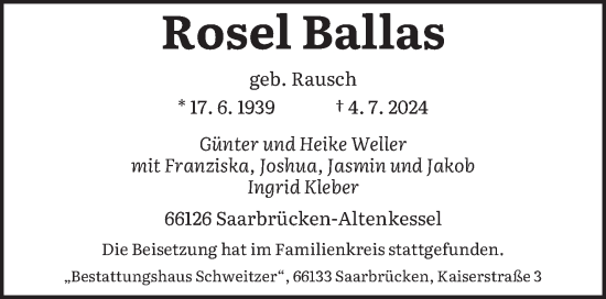 Traueranzeige von Rosel Ballas von saarbruecker_zeitung