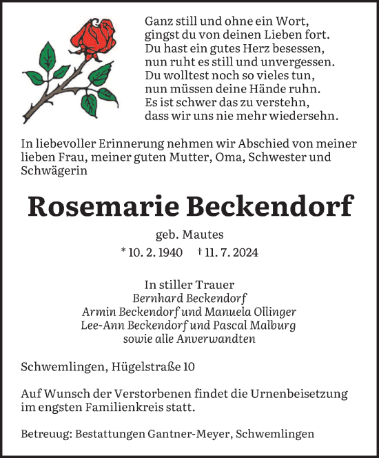 Traueranzeige von Rosemarie Beckendorf von saarbruecker_zeitung