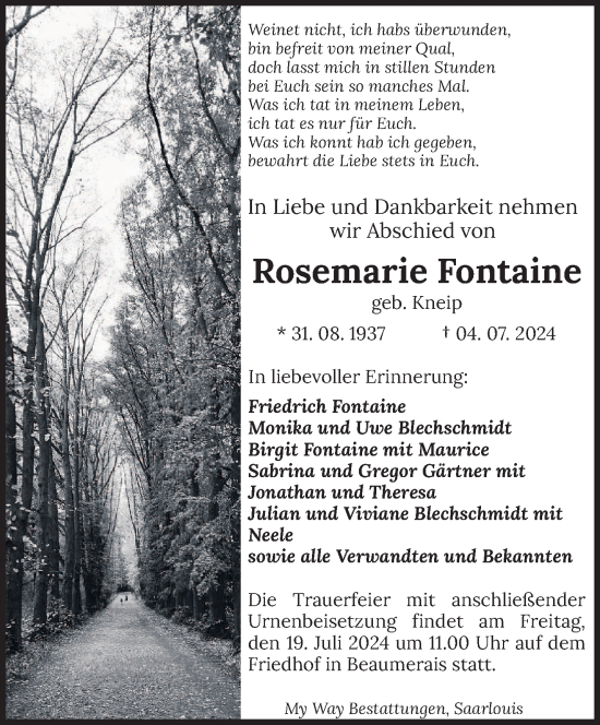 Traueranzeige von Rosemarie Fontaine von saarbruecker_zeitung