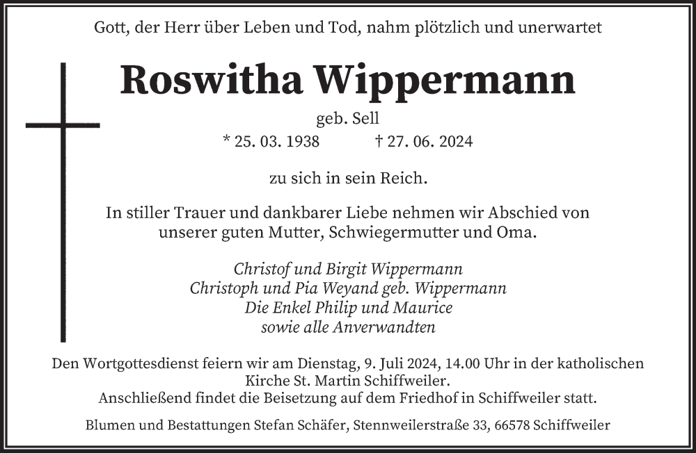  Traueranzeige für Roswitha Wippermann vom 06.07.2024 aus saarbruecker_zeitung