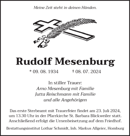 Traueranzeige von Rudolf Mesenburg von saarbruecker_zeitung