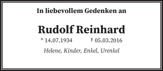 Traueranzeige von Rudolf Reinhard von saarbruecker_zeitung