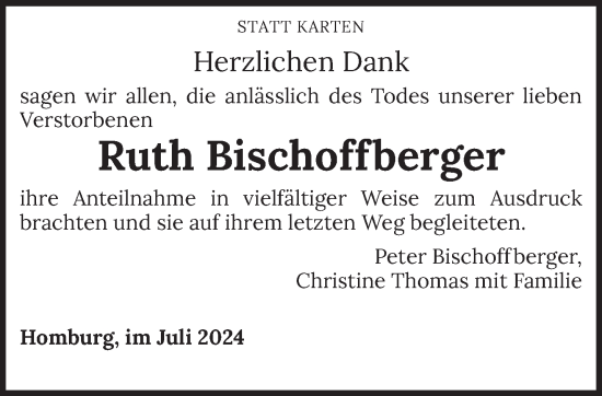 Traueranzeige von Ruth Bischoffberger von saarbruecker_zeitung