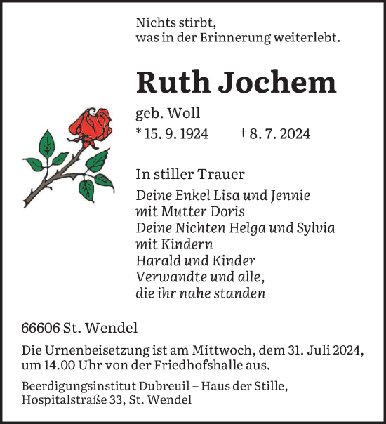 Traueranzeige von Ruth Jochem von saarbruecker_zeitung