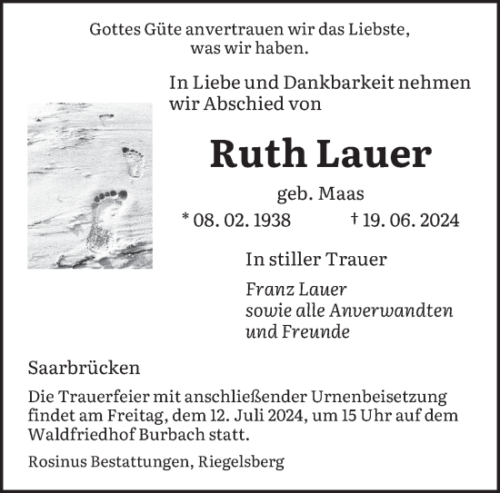 Traueranzeige von Ruth Lauer von saarbruecker_zeitung