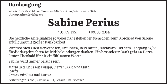 Traueranzeige von Sabine Perius von saarbruecker_zeitung