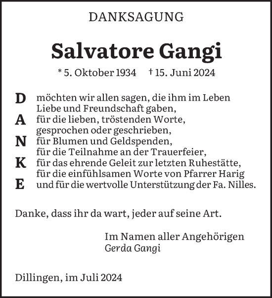 Traueranzeige von Salvatore Gangi von saarbruecker_zeitung