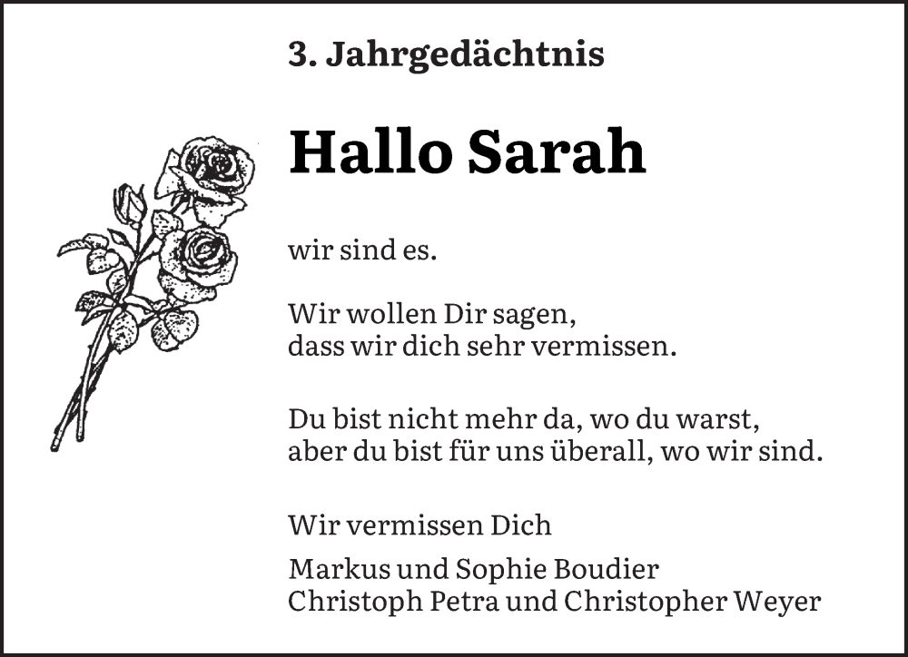  Traueranzeige für Sarah  vom 13.07.2024 aus saarbruecker_zeitung