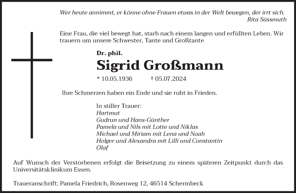  Traueranzeige für Sigrid Großmann vom 13.07.2024 aus saarbruecker_zeitung