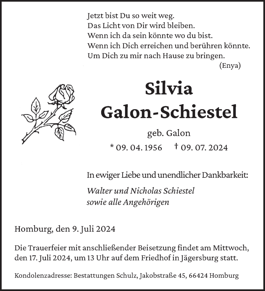  Traueranzeige für Silvia Galon-Schiestel vom 13.07.2024 aus saarbruecker_zeitung