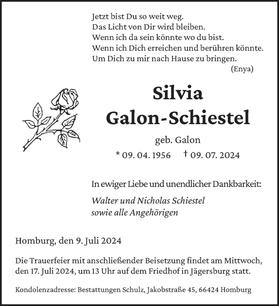 Traueranzeige von Silvia Galon-Schiestel von saarbruecker_zeitung