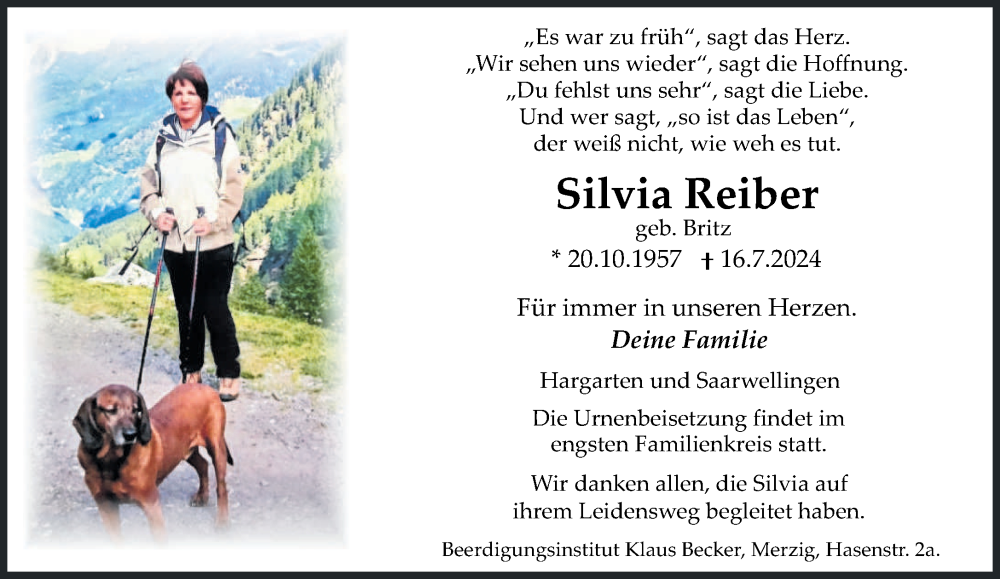  Traueranzeige für Silvia Reiber vom 20.07.2024 aus saarbruecker_zeitung