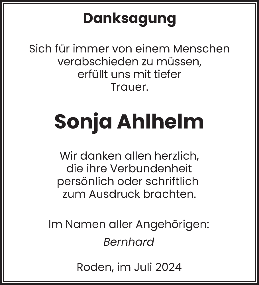  Traueranzeige für Sonja Ahlhelm vom 27.07.2024 aus saarbruecker_zeitung