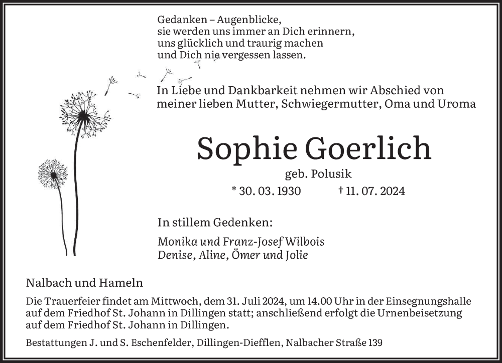  Traueranzeige für Sophie Goerlich vom 20.07.2024 aus saarbruecker_zeitung
