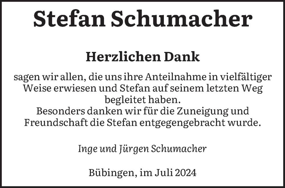 Traueranzeige für Stefan Schumacher vom 27.07.2024 aus saarbruecker_zeitung