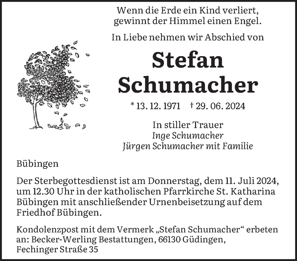  Traueranzeige für Stefan Schumacher vom 06.07.2024 aus saarbruecker_zeitung