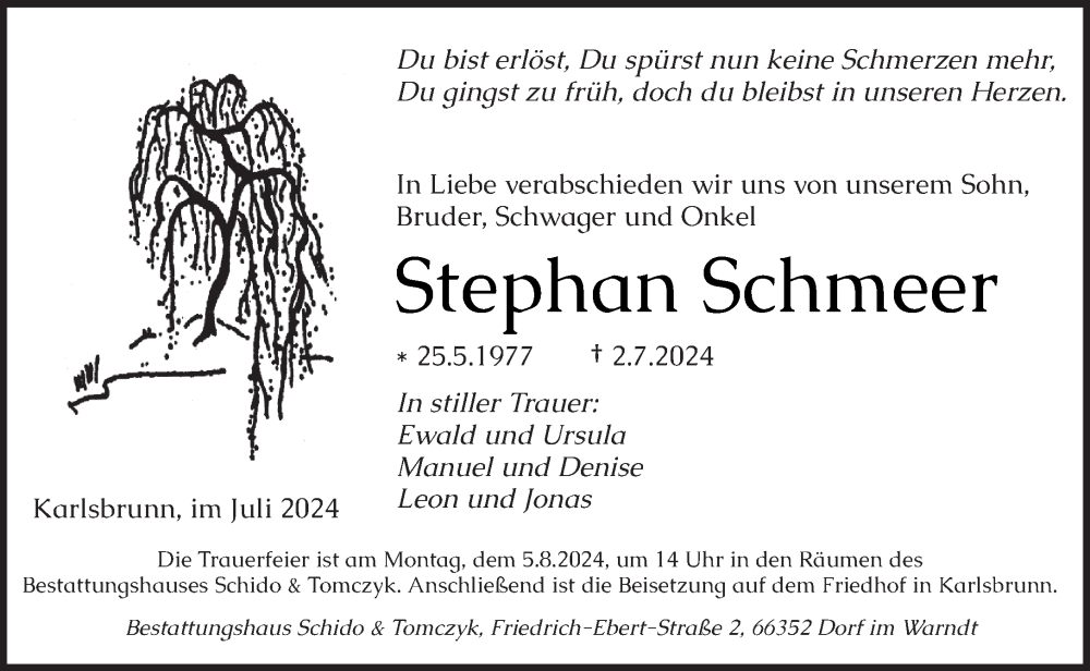  Traueranzeige für Stephan Schmeer vom 27.07.2024 aus saarbruecker_zeitung