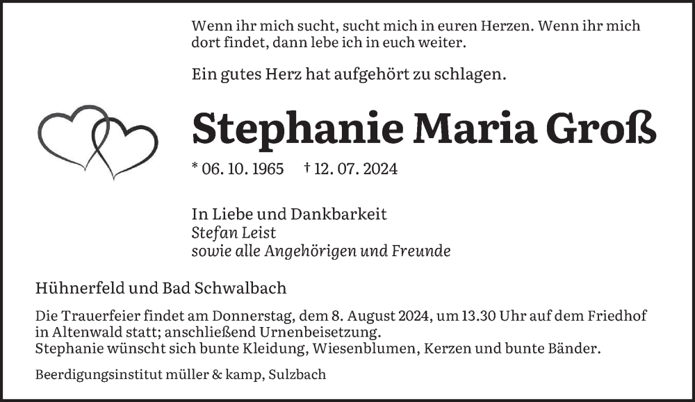  Traueranzeige für Stephanie Maria Groß vom 27.07.2024 aus saarbruecker_zeitung