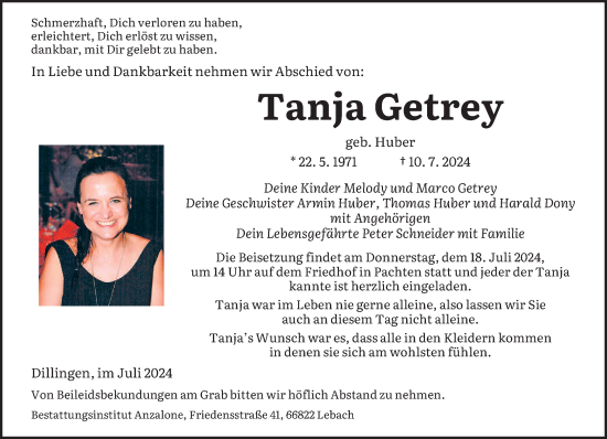 Traueranzeige von Tanja Getrey von saarbruecker_zeitung