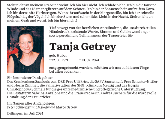 Traueranzeige von Tanja Getrey von saarbruecker_zeitung