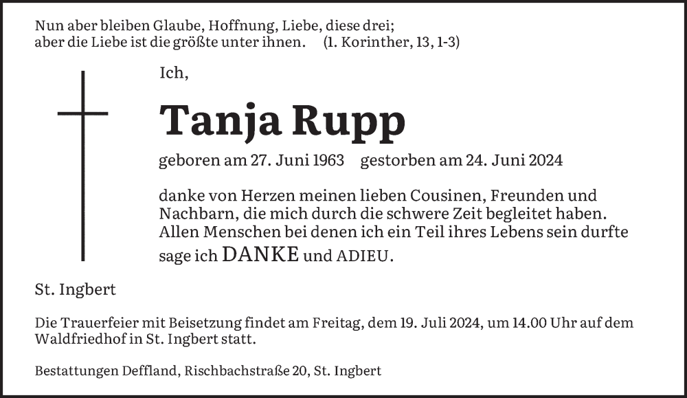  Traueranzeige für Tanja Rupp vom 13.07.2024 aus saarbruecker_zeitung