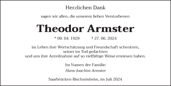 Traueranzeige von Theodor Armster von saarbruecker_zeitung