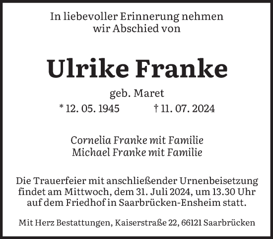 Traueranzeige von Ulrike Franke von saarbruecker_zeitung