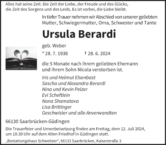 Traueranzeige von Ursula Berardi von saarbruecker_zeitung
