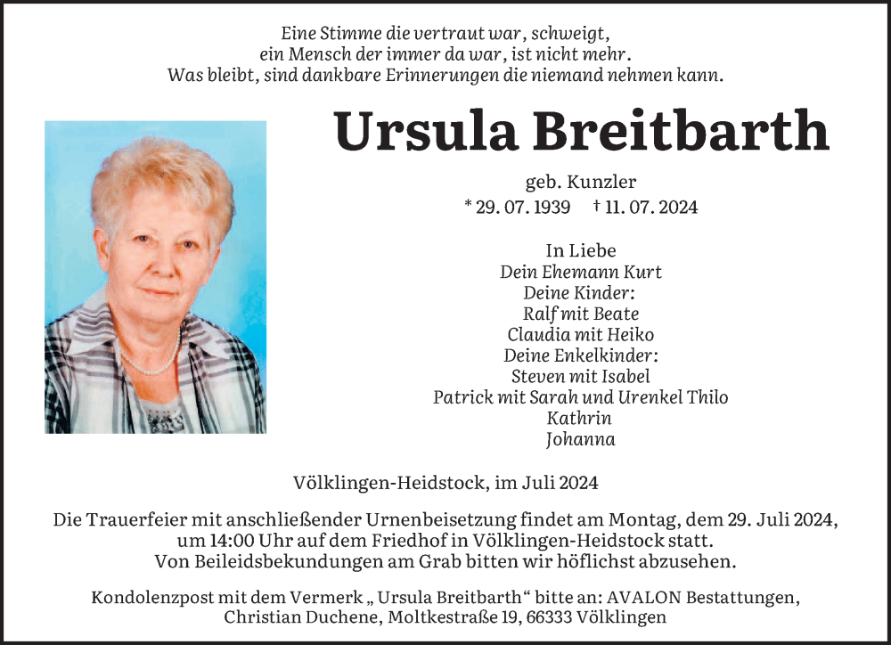  Traueranzeige für Ursula Breitbarth vom 20.07.2024 aus saarbruecker_zeitung