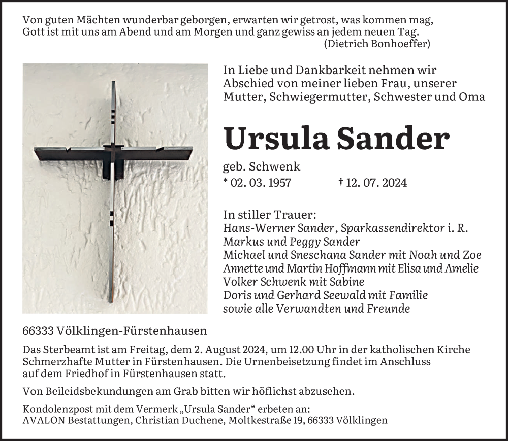  Traueranzeige für Ursula Sander vom 20.07.2024 aus saarbruecker_zeitung