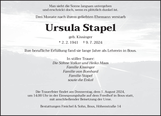 Traueranzeige von Ursula Stapel von saarbruecker_zeitung