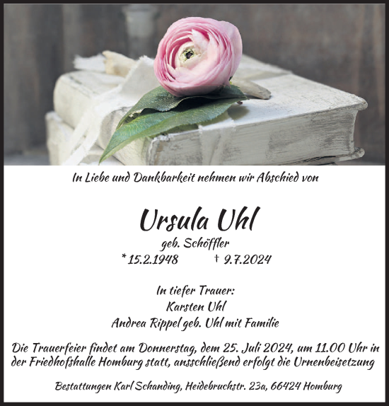 Traueranzeige von Ursula Uhl von saarbruecker_zeitung