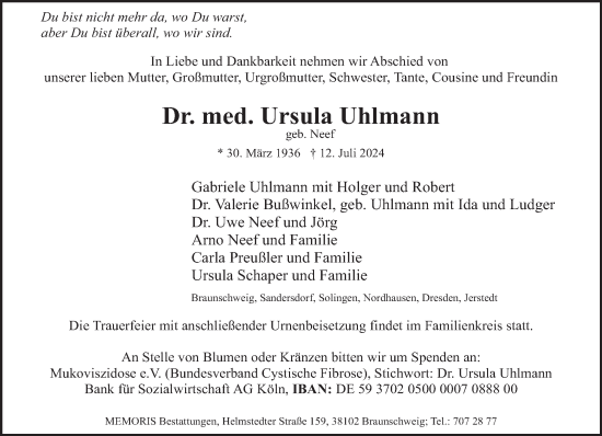 Traueranzeige von Ursula Uhlmann von saarbruecker_zeitung
