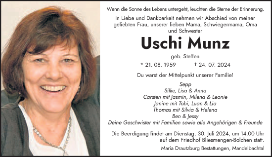 Traueranzeige von Uschi Munz von saarbruecker_zeitung