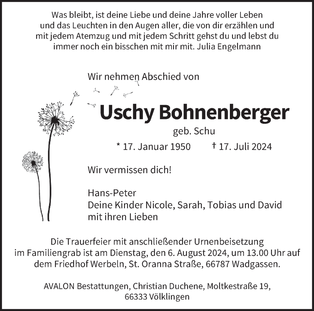  Traueranzeige für Uschy Bohnenberger vom 27.07.2024 aus saarbruecker_zeitung