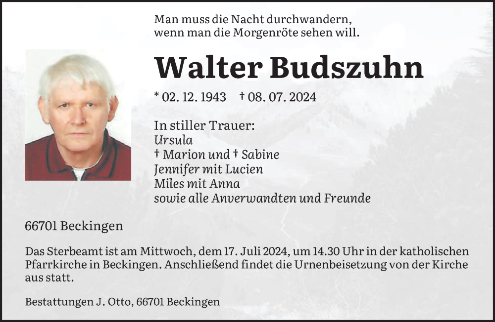  Traueranzeige für Walter Budszuhn vom 13.07.2024 aus saarbruecker_zeitung