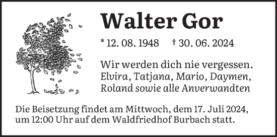 Traueranzeige von Walter Gor von saarbruecker_zeitung