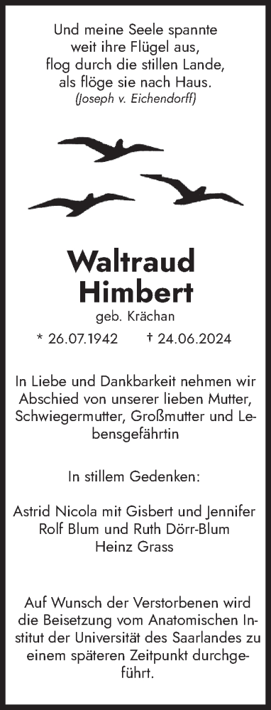 Traueranzeige von Waltraud Himbert von saarbruecker_zeitung