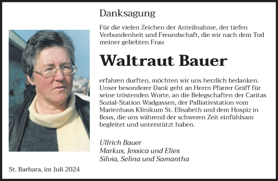 Traueranzeige von Waltraut Bauer von saarbruecker_zeitung