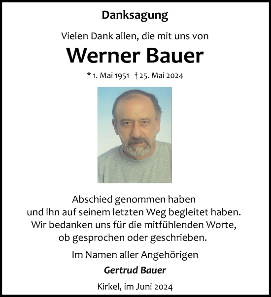 Traueranzeige von Werner Bauer von saarbruecker_zeitung