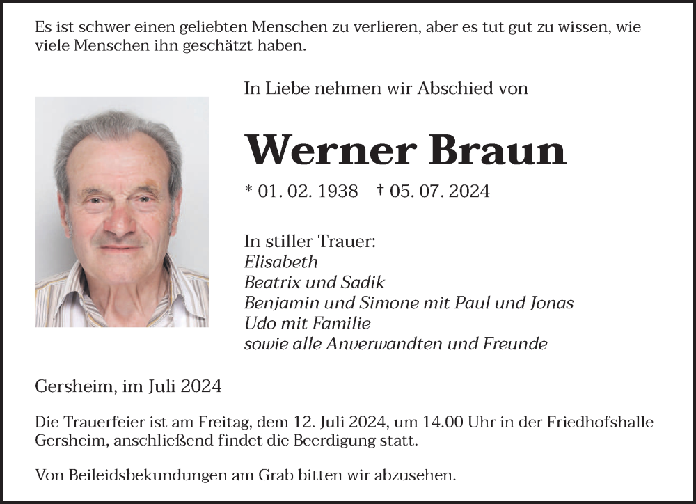  Traueranzeige für Werner Braun vom 09.07.2024 aus saarbruecker_zeitung