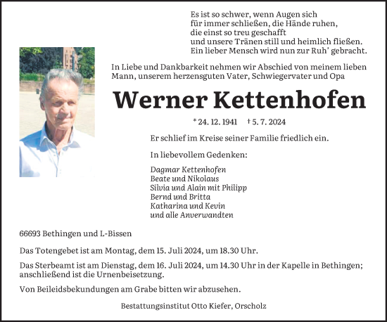 Traueranzeige von Werner Kettenhofen von saarbruecker_zeitung